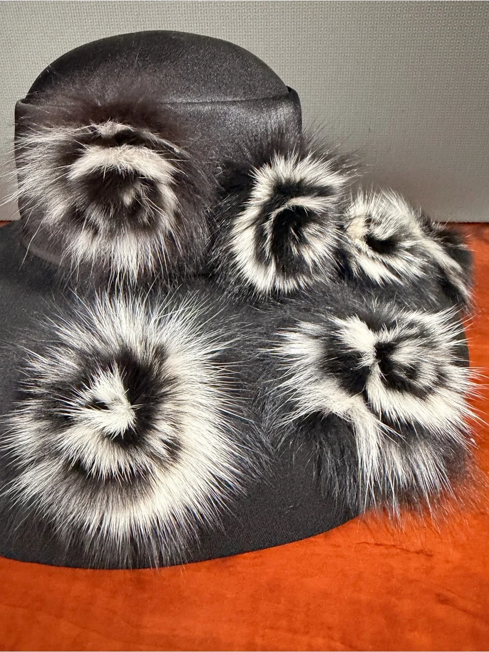 ML Studio Black Wide-Brim Wool Hat with Black & White Fur Pom Details
